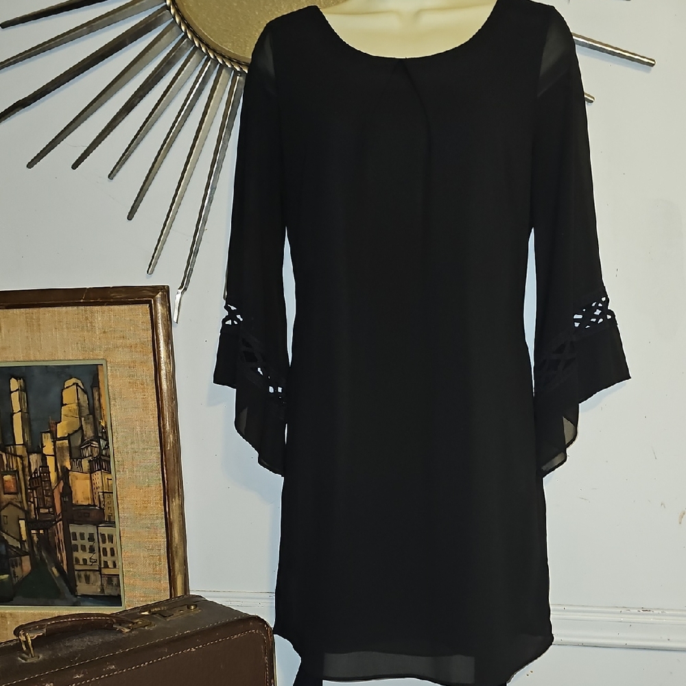 A. Byer Black Long-Sleeve Shift Dress with Cutout Bell Sleeves